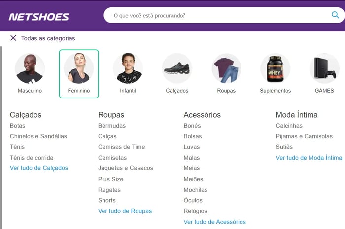 Print da divisão de categorias no catálogo online da Netshoes