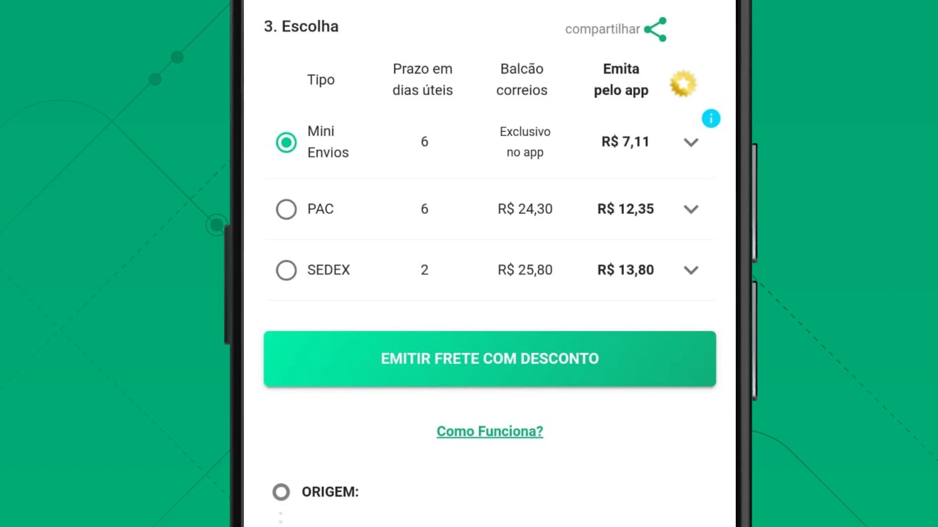 Print da tela do aplicativo SuperFrete, mostrando as opções de frete disponíveis já com o valor do desconto aplicado