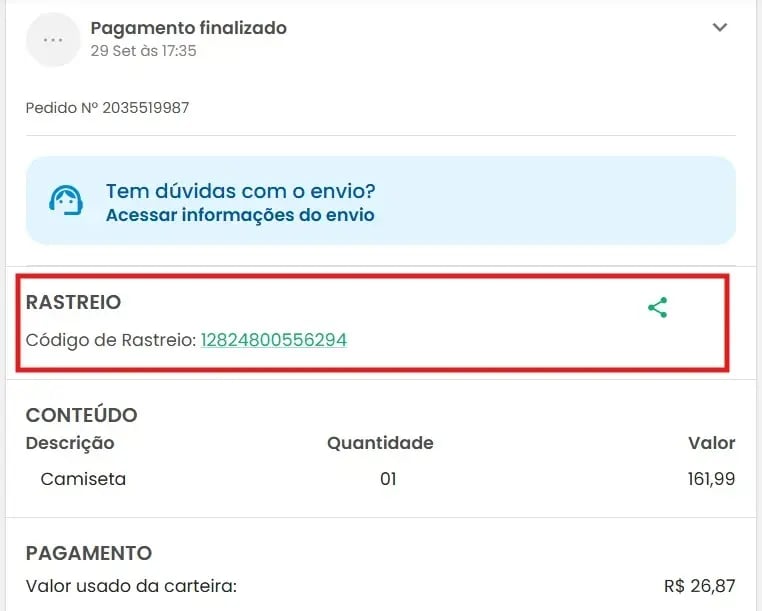 tela com o código de rastreio de encomenda da SuperFrete
