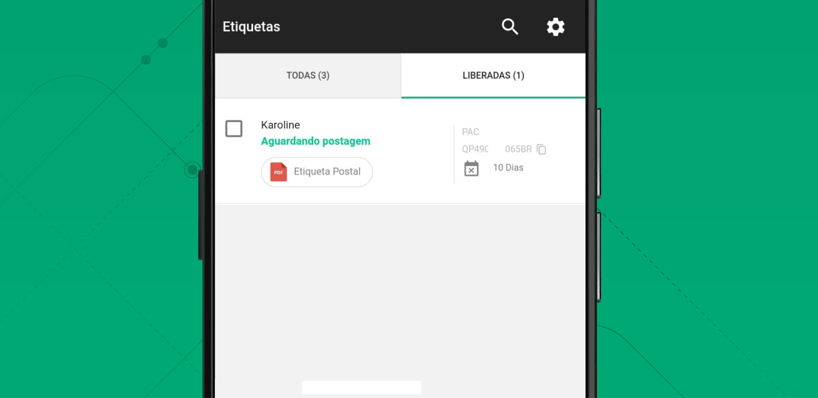 Print da tela do app SuperFrete mostrando o código de rastreio da encomenda