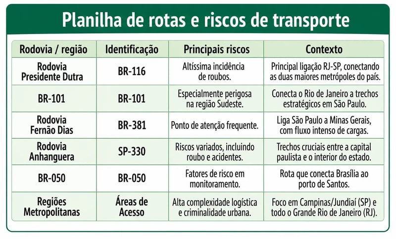 planilha de rotas e riscos de transporte