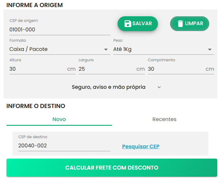 tela de cálculo de frete da SuperFrete