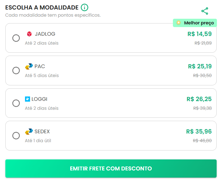 tela de escolha da modalidade de frete da SuperFrete