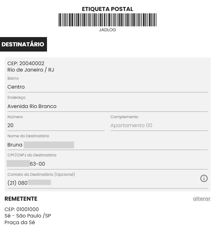 tela de dados do remetente e destinatário da SuperFrete