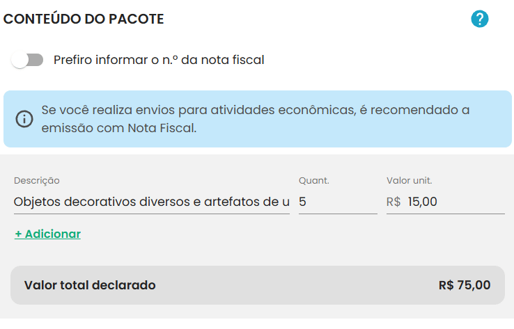 tela da declaração de conteúdo da SuperFrete