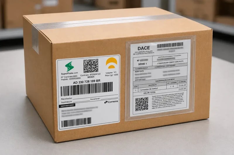 etiqueta de frete e DACE na embalagem para envio