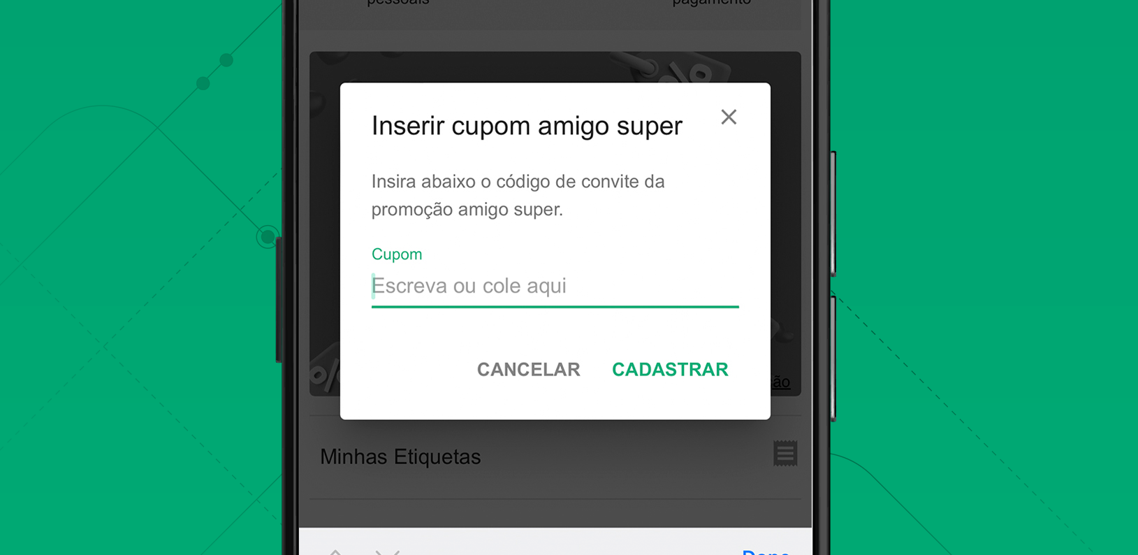 Print da tela do app SuperFrete para inserir cupom do Amigo Super