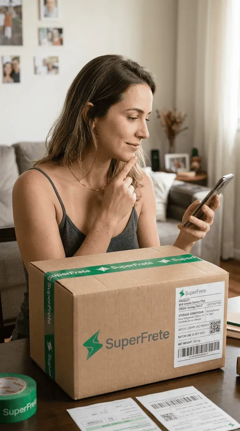 mulher branca olhando para o celular. caixa superfrete a frente