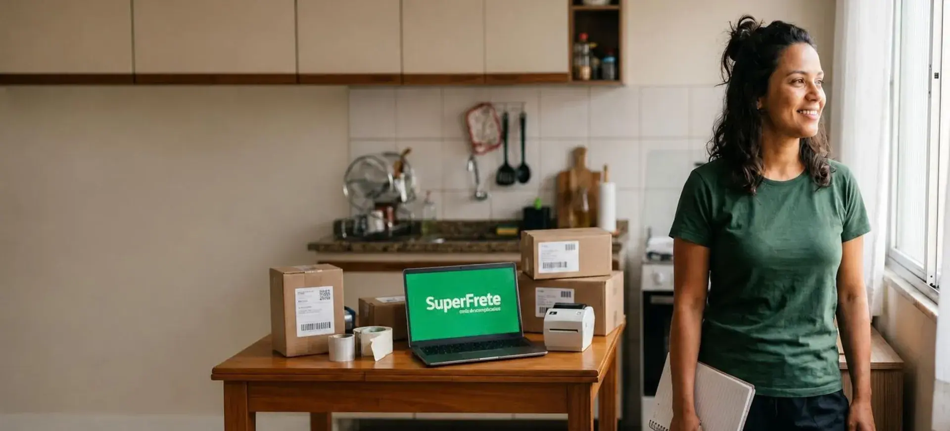 mulher branca a frete e ao fundo cozinha com computador logo SuperFrete