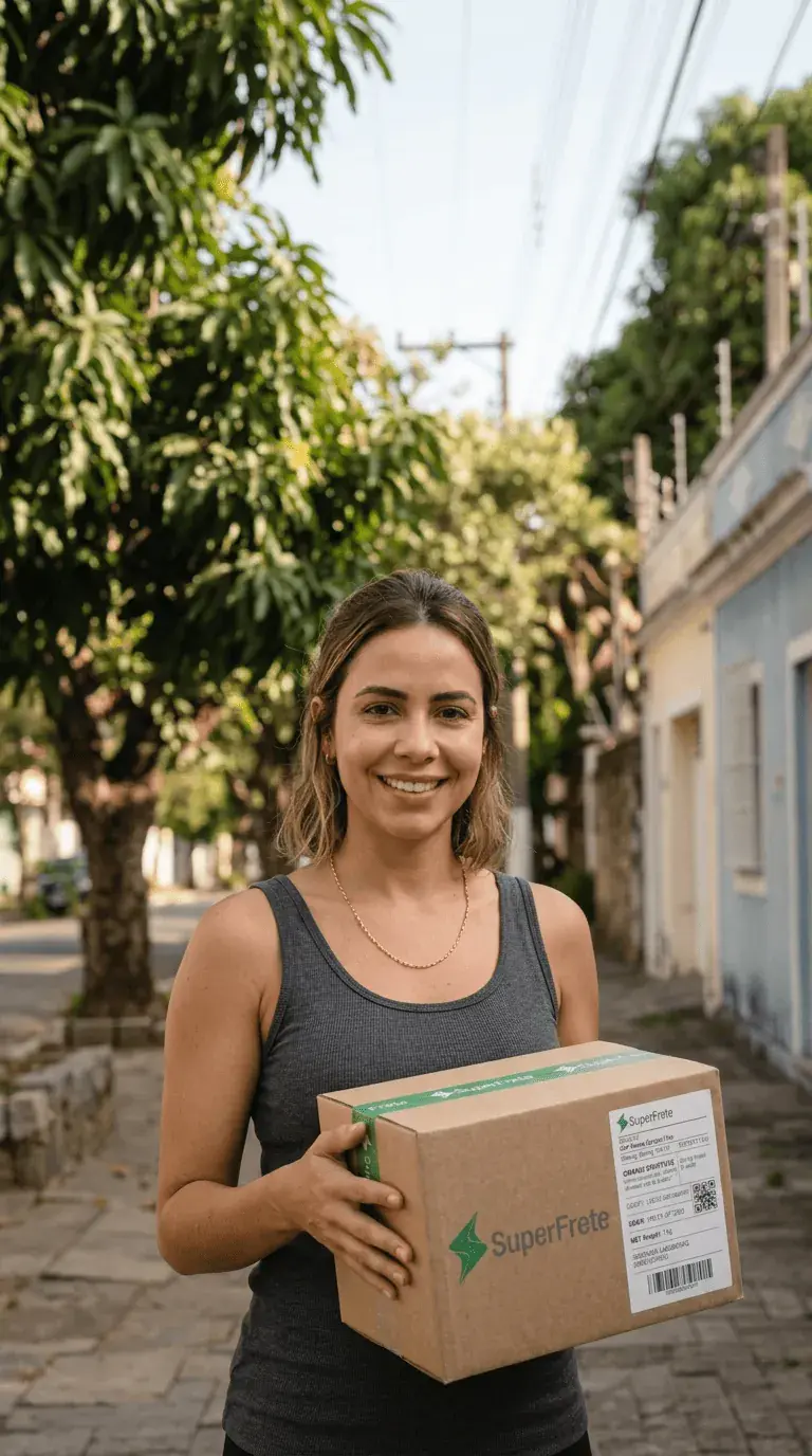 mulher branca segurando caixa em bairro