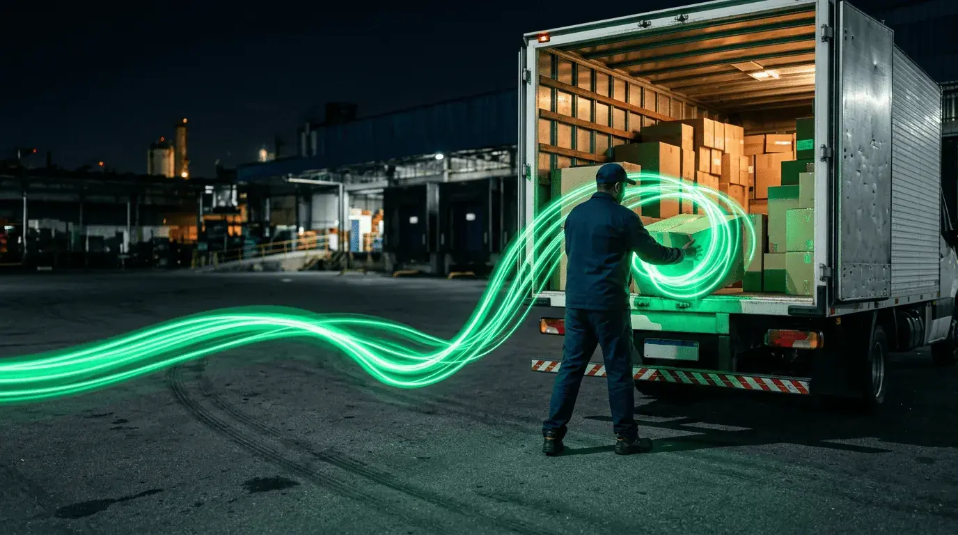 homem carregando caminhão com porta de trás aberta envolvido por uma luz neon