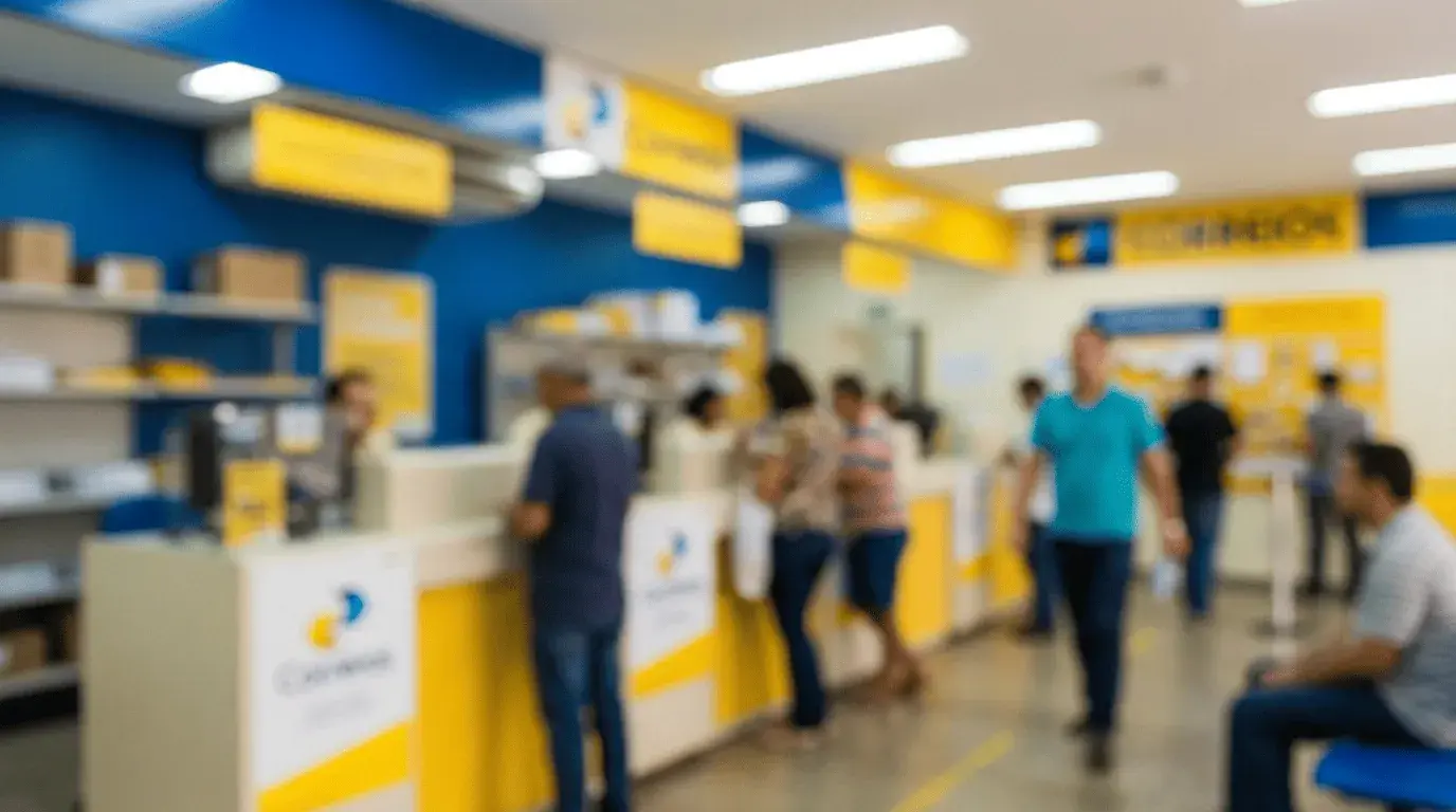 agência dos Correios com guichês nas cores azul e amarelo
