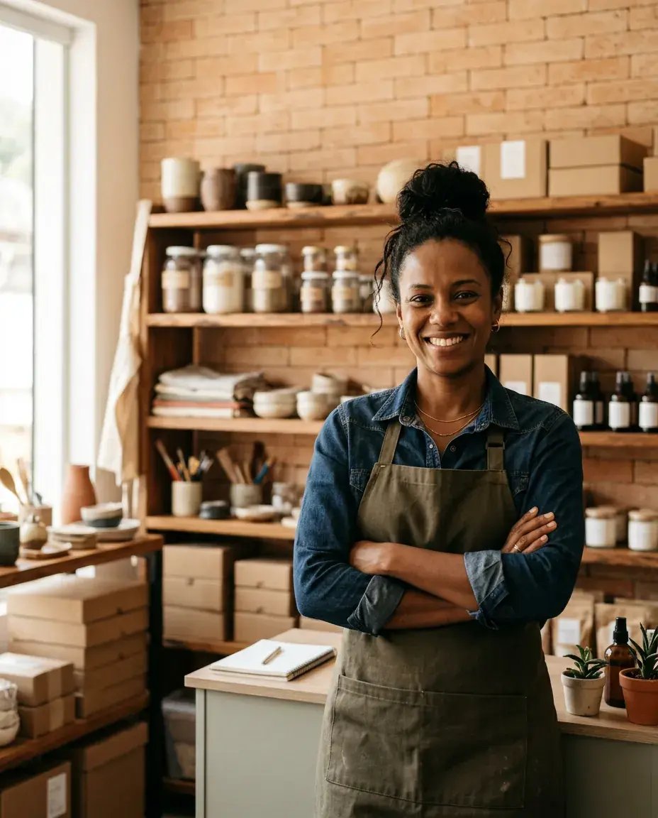 fundo de artesanatos com mulher negra a frente preparando pedido sorrindo