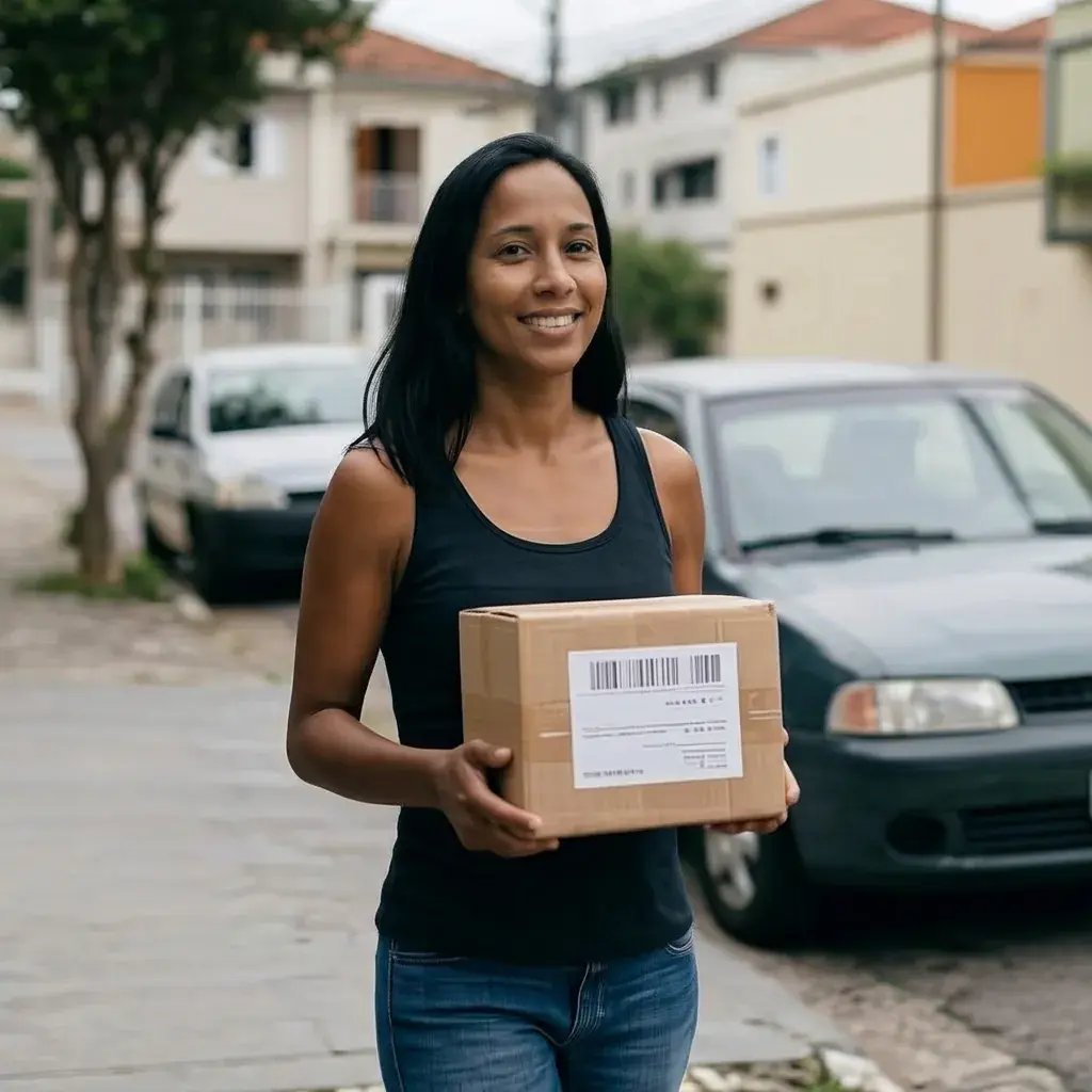 mulher na rua segurando caixa SuperFrete