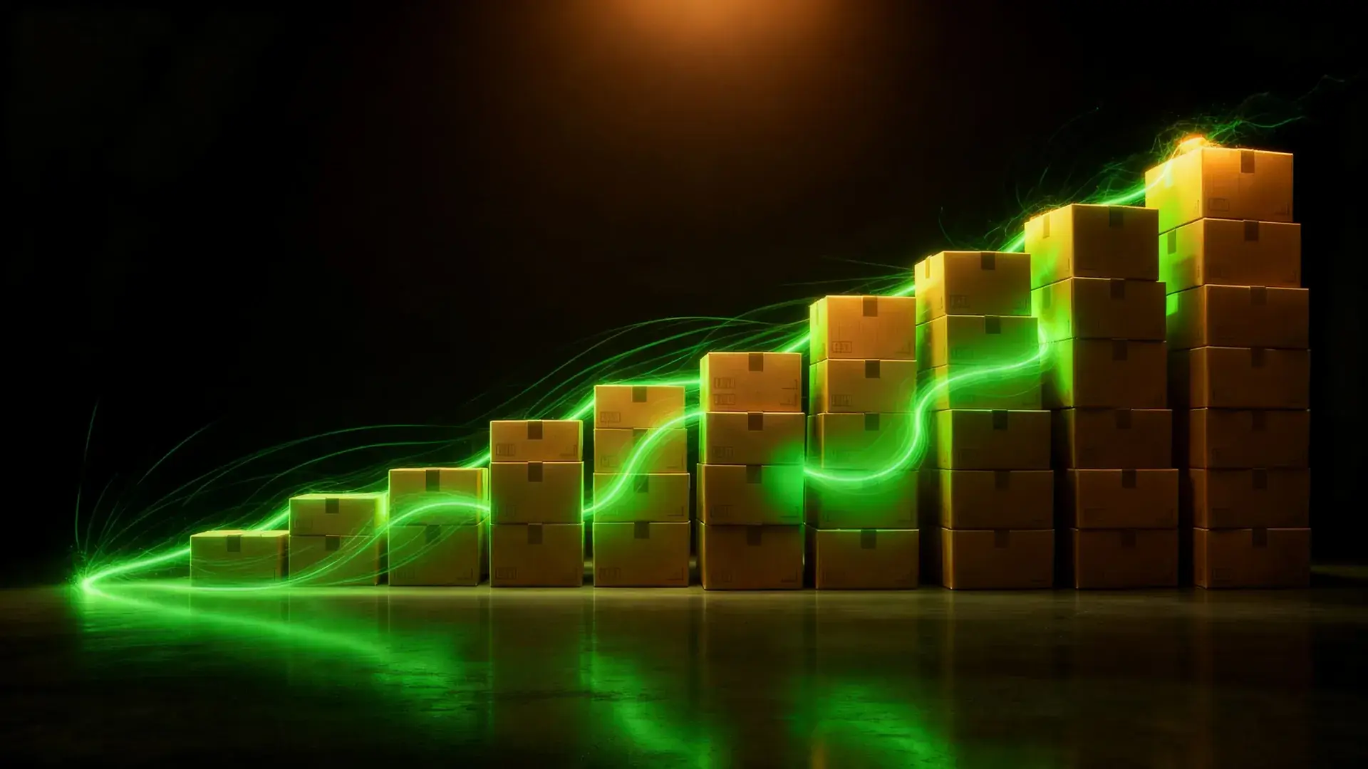 fundo preto caixas em pirâmide com site verde neon