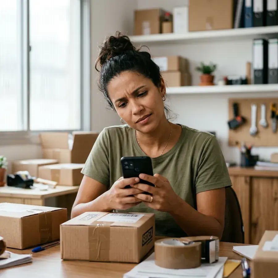 mulher olhando o celular com feição de dúvida