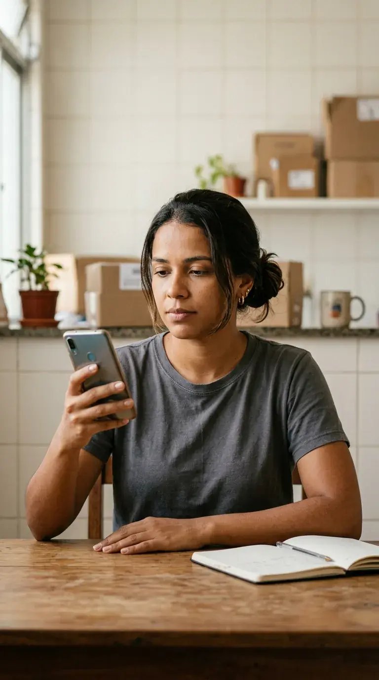 mulher branca segurando celular sentada com caderno na mesa