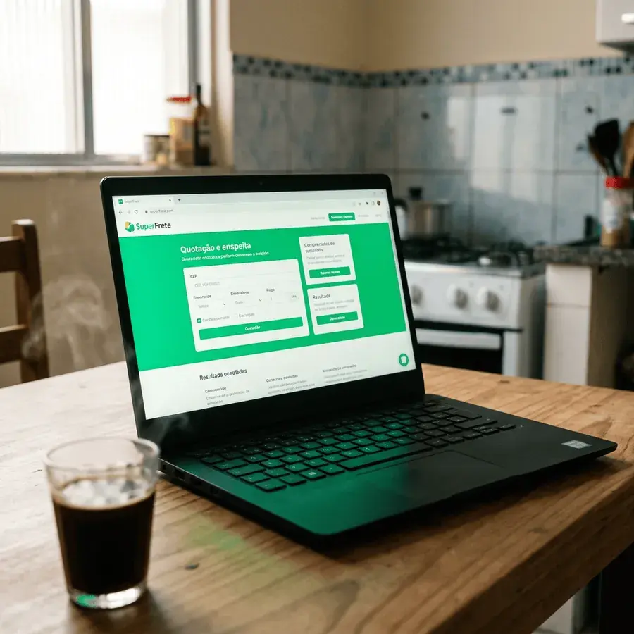 computador na mesa da cozinha aberto na superfrete, ao lado de um copo de café