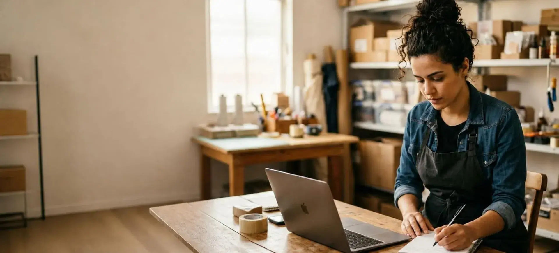 mulher branca mexendo no computador em ateliê de decoração