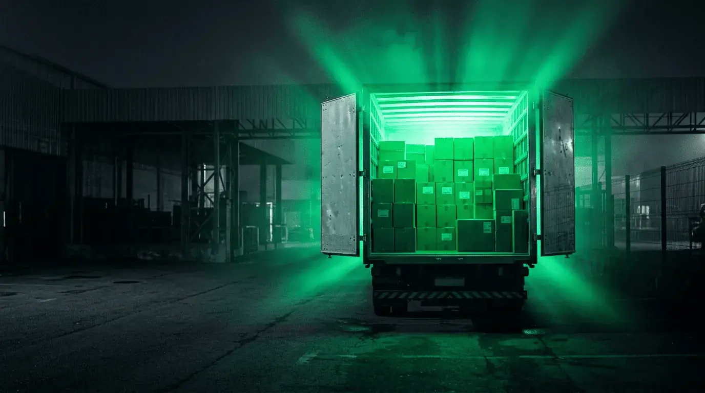 fundo de caminhão aberto com luz verde neon saindo de dentro