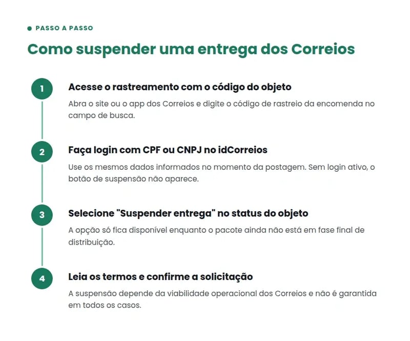 passo a passo de como suspender entrega dos Correios