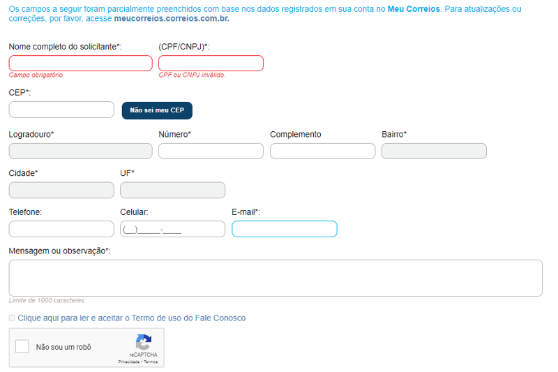 registro reclamação Correios