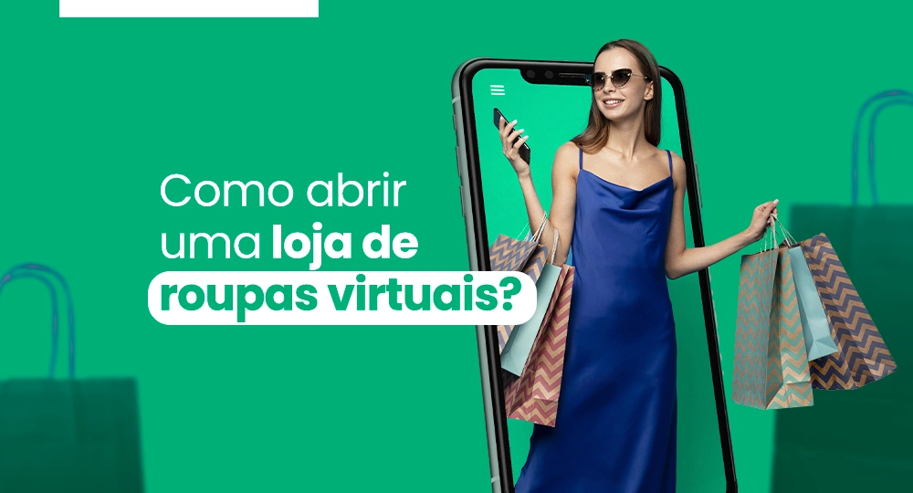 Mulher com compras em um celular ilustra como abrir loja de roupa virtual